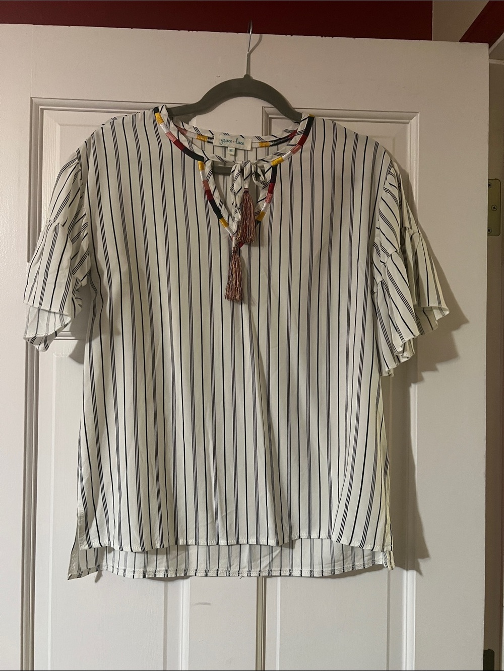 Striped Tie-Neck Ruffle Sleeve Top - White/Black